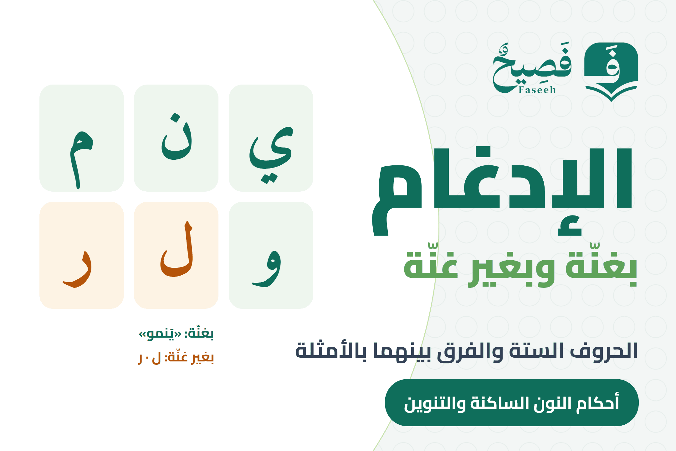 حروف الإدغام الستة: بغنة ي ن م و وبغير غنة ل ر